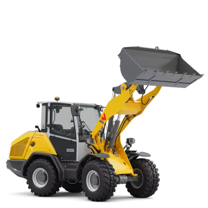 Excavadora amarilla con una pala frontal levantada y ruedas grandes.