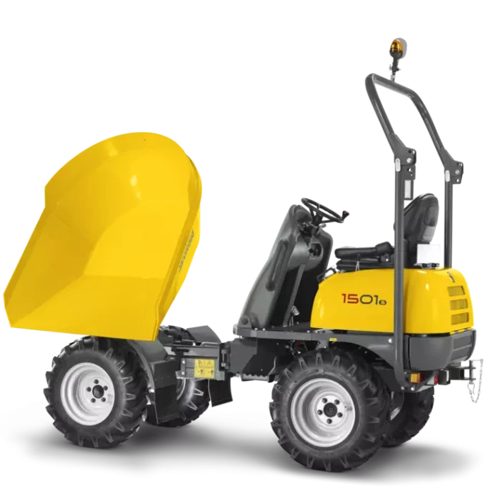 Mini dumper amarilla con cabina y volquete, equipada para construcción.